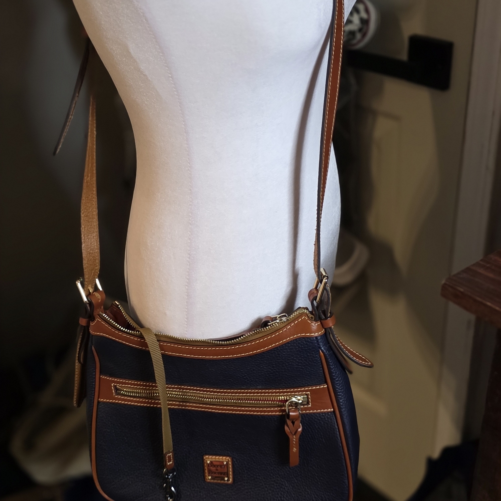 Dooney & Bourke Navy Pebbled Leather Crossbody with Brown Trim